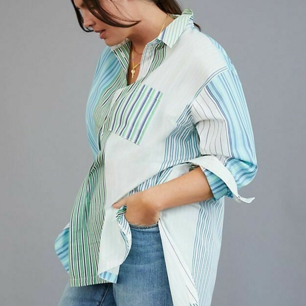 Anthropologie Maeve Hi/Low Blue, Green and White Striped Button-Down Shirt